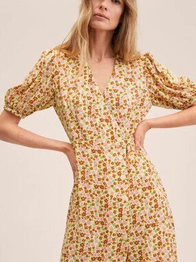 Mango Wrapped Printed Dress with Balloon Sleeves